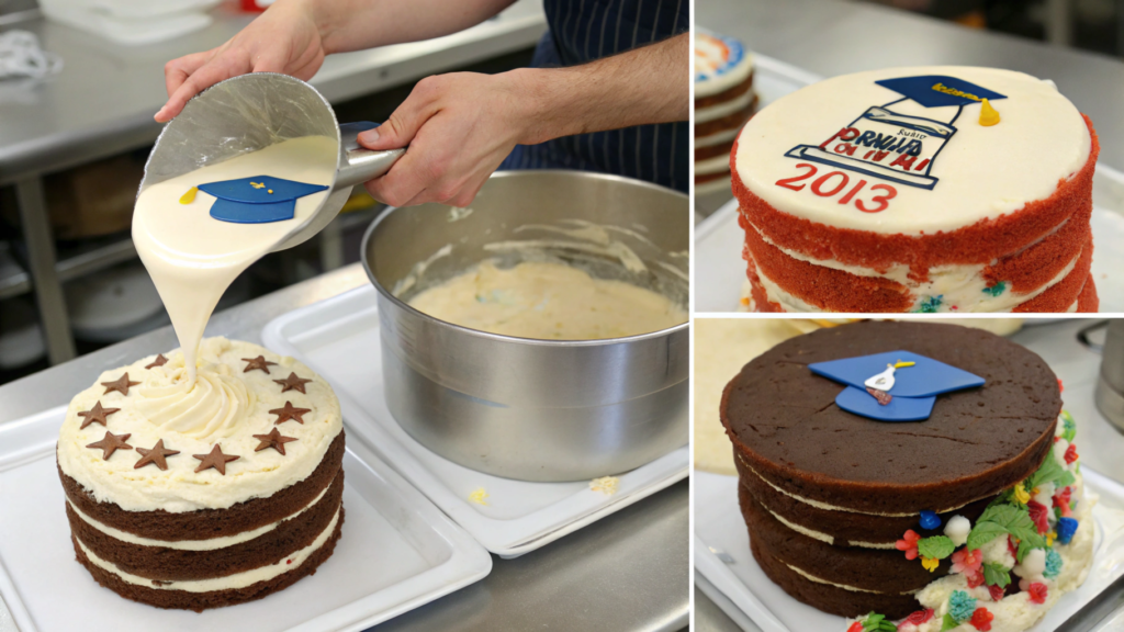 Step-by-step images showing the creation of custom graduation cakes, featuring batter pouring, frosting decoration, and final cake designs with graduation-themed toppers.