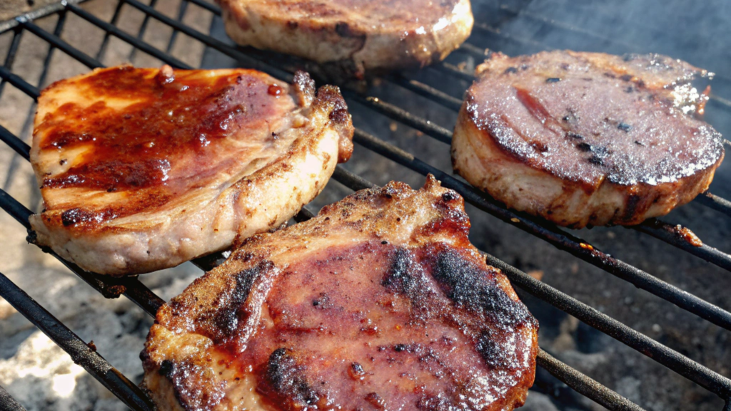 four-pork-chops-grilling-on-a-metal-grate-some-with-glaze-showing-char-marks