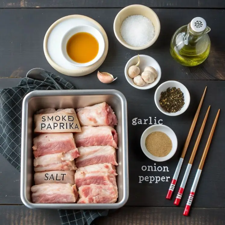 The image displays a neatly arranged set of ingredients for a dish, including the following: A metal tray with cuts of raw pork or meat seasoned with "smoked paprika" and "salt." A small bowl of olive oil. A separate bowl of coarse salt. A garlic clove and mushrooms in another small dish. A bowl labeled with "onion powder" or "pepper" powder. A bowl containing cracked black pepper. A bottle of olive oil and a pair of chopsticks on the side.