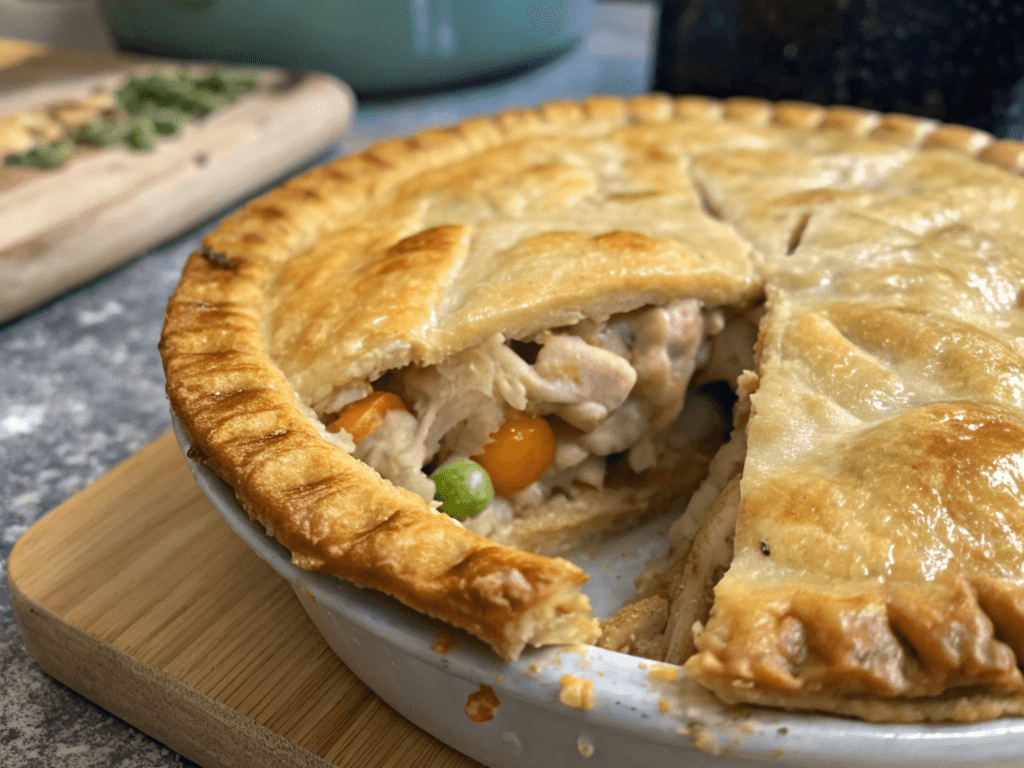 Delicious homemade chicken pie with a golden crust and hearty filling – creative ways to serve chicken pie for celebrations.