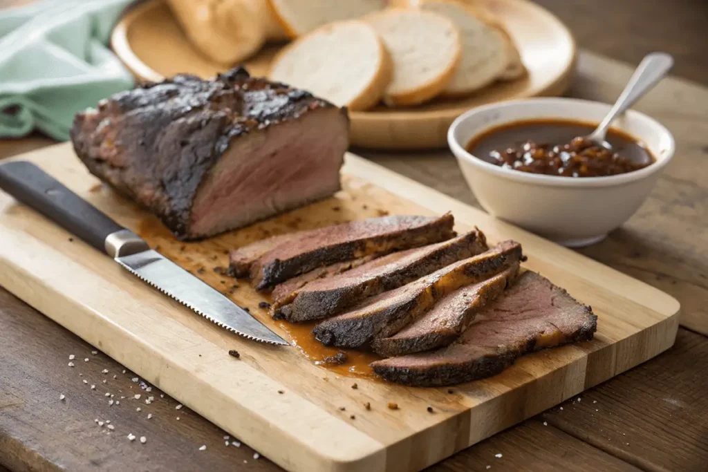 Sliced smoked brisket on a wooden cutting board with a knife, a bowl of barbecue sauce, and bread slices in the background.
