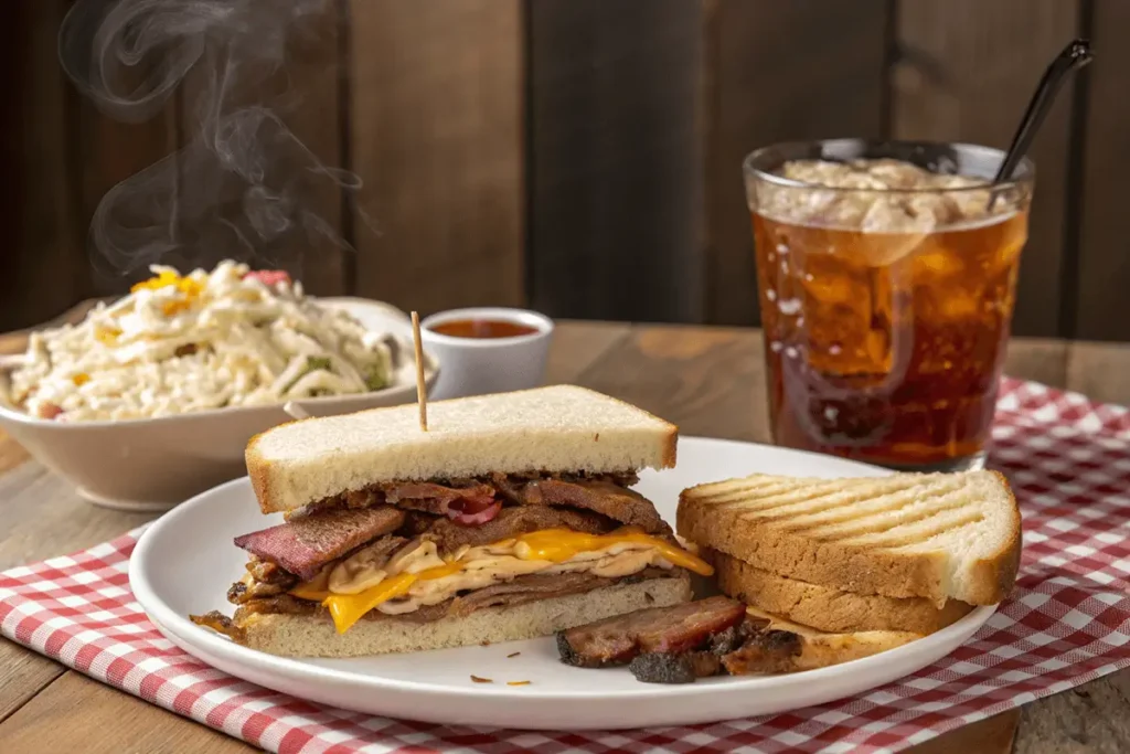 A smoked brisket sandwich served with a side of creamy pasta salad and iced tea on a red gingham napkin.
