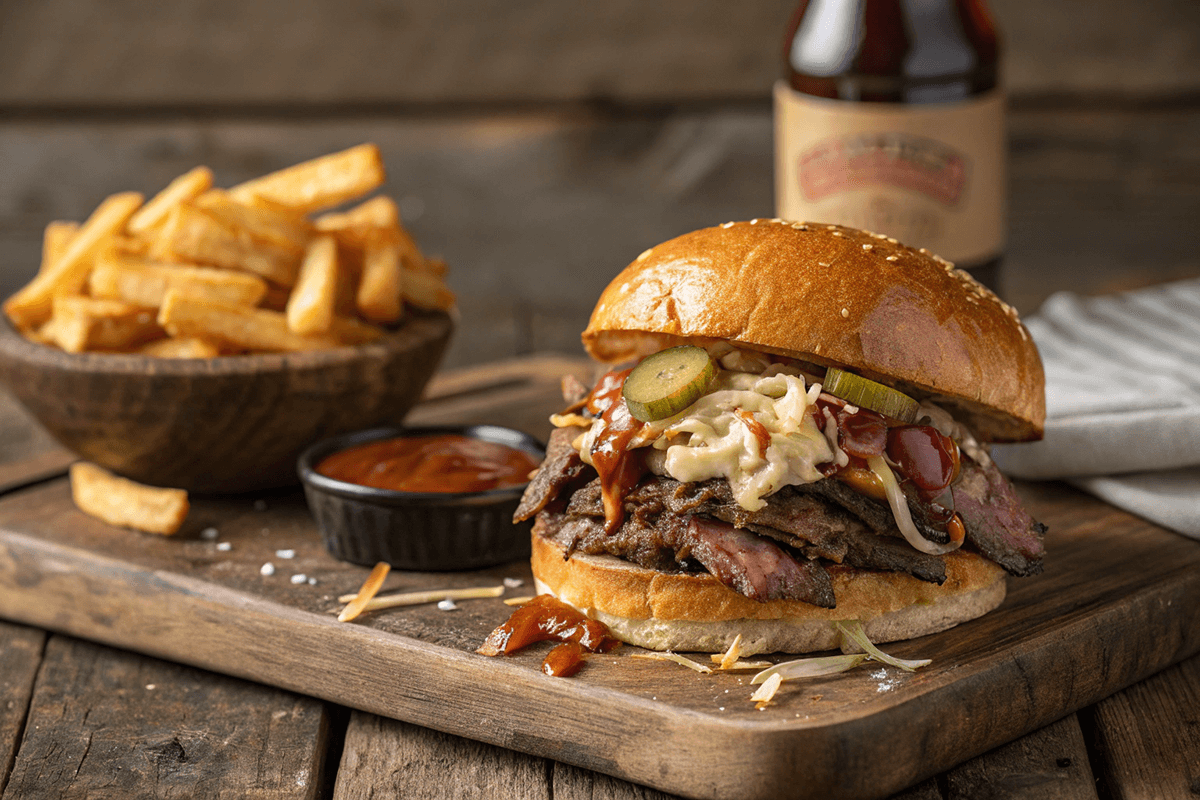 A barbecue brisket sandwich topped with coleslaw, pickles, and barbecue sauce served on a wooden board with a side of fries and dipping sauce.