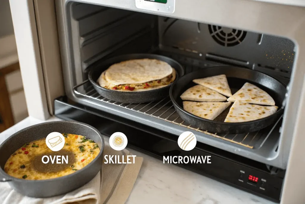 After freezing stuffed quesadillas, there are three ways to reheat food: oven, skillet, and microwave.