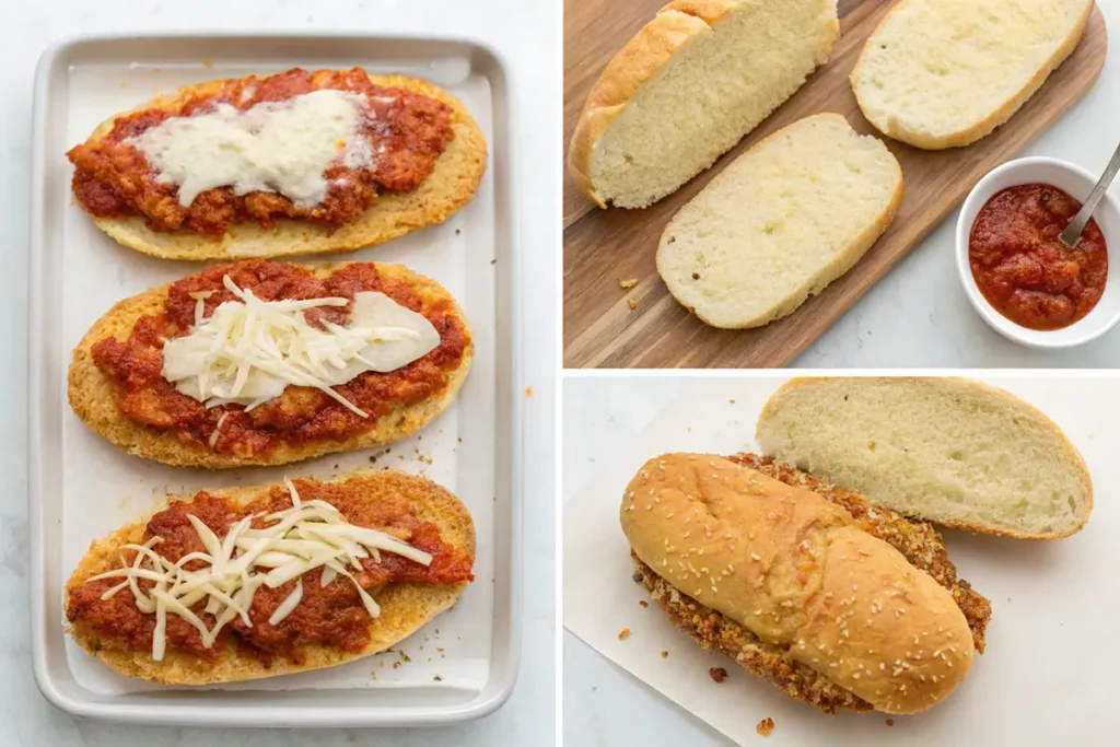 Step-by-step preparation of a chicken parm sandwich, from bread slicing to adding cheese and marinara sauce.