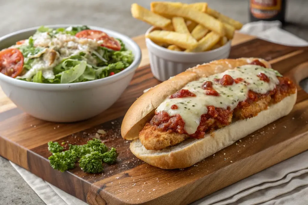 Chicken Parmesan sandwich served with Caesar salad and crispy fries on a wooden board.