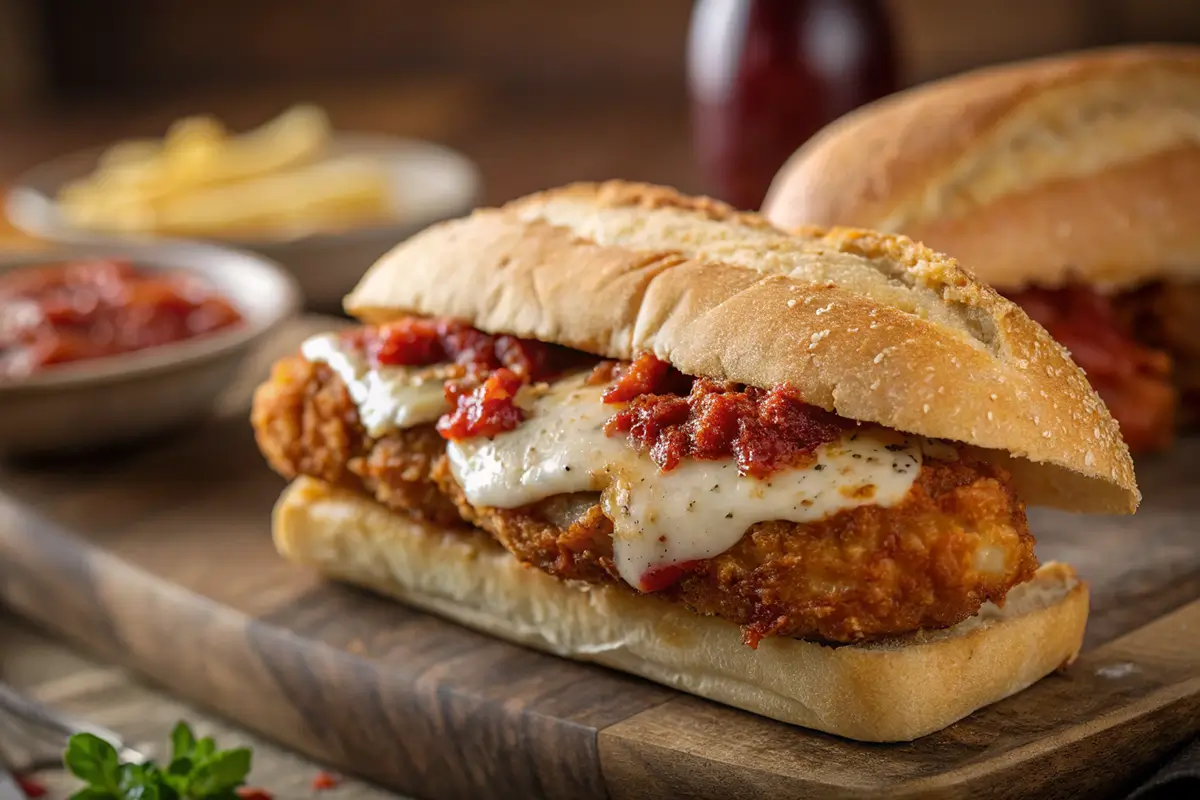 Close-up of a chicken parm sandwich with melted cheese and marinara sauce on a toasted roll.