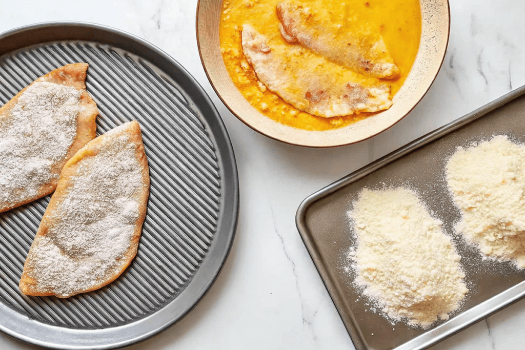 Breaded chicken fillets on a plate, coated in flour and ready to be dipped in an egg mixture. Nearby is a bowl with chicken being dipped in eggs and a tray of breadcrumbs.