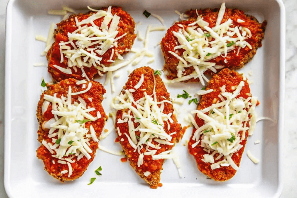 Breaded chicken fillets placed in a baking dish, topped with marinara sauce and shredded mozzarella cheese, ready to be baked.