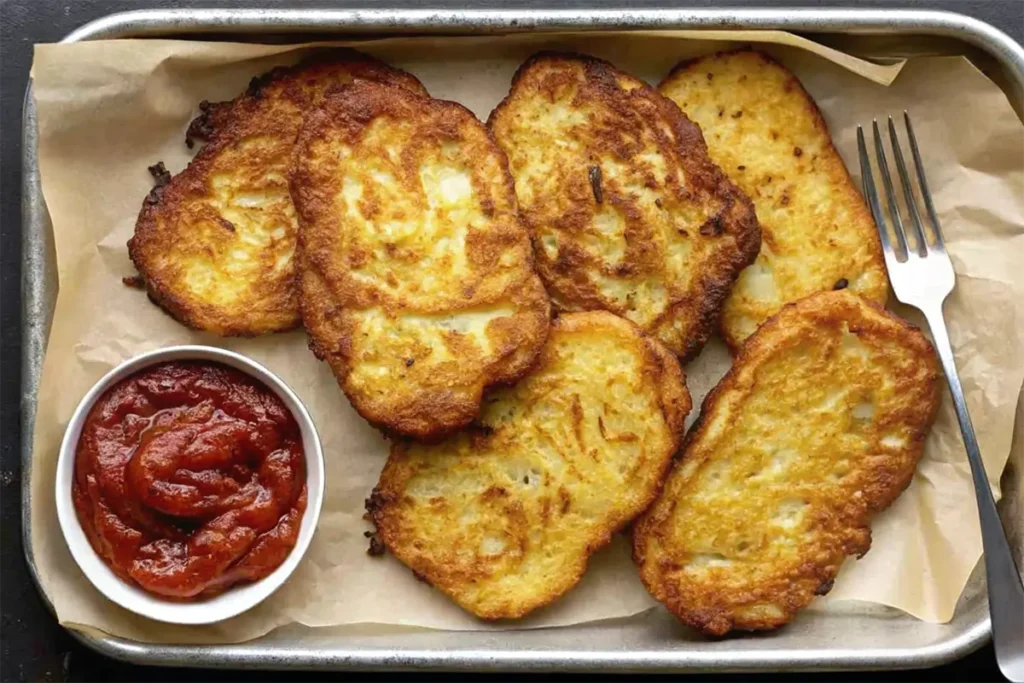 Golden-brown hash browns served on a baking tray lined with parchment paper, accompanied by a small bowl of ketchup and a fork.