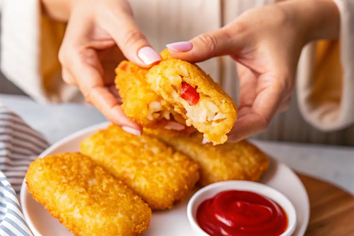 Hands holding a crispy hash brown, broken open to reveal a filling of diced potatoes and red peppers, with a plate of hash browns and a side of ketchup in the background.