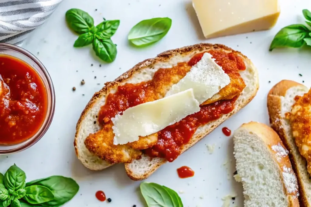 Open-faced chicken parmesan sandwich topped with marinara sauce, parmesan slices, and fresh basil, served on a crusty slice of bread.