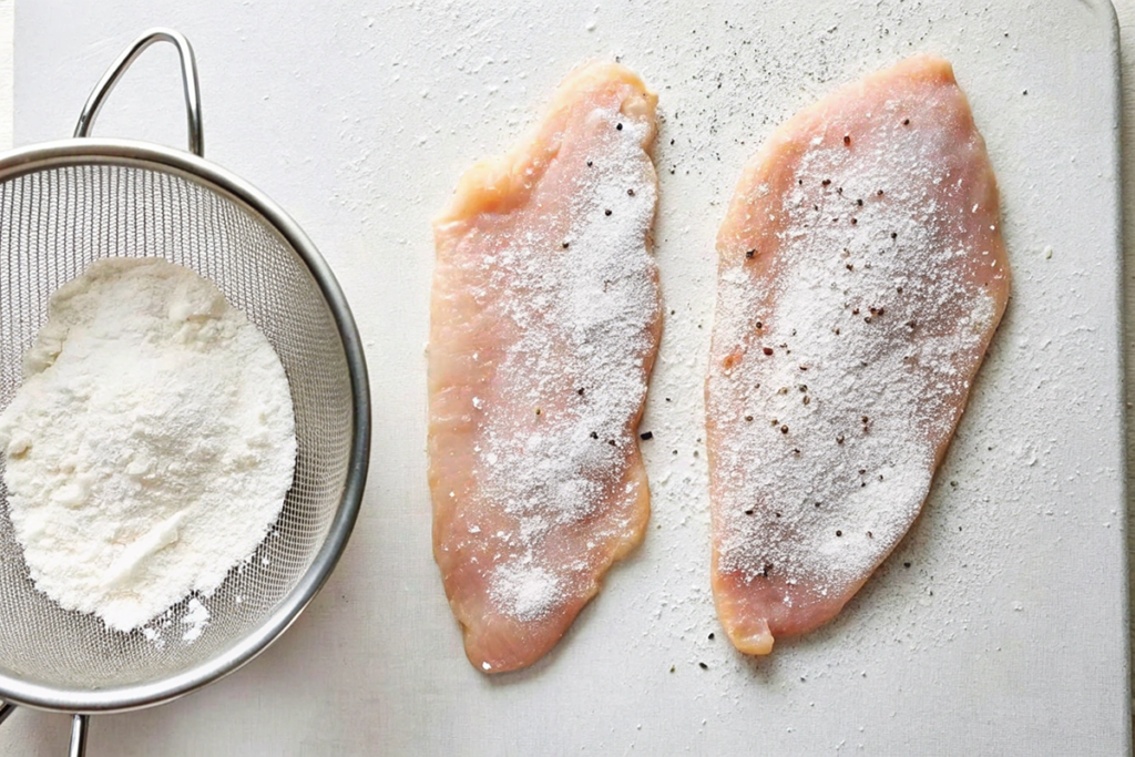 Two raw chicken cutlets seasoned with flour, salt, and pepper, placed on a cutting board next to a sieve filled with flour.