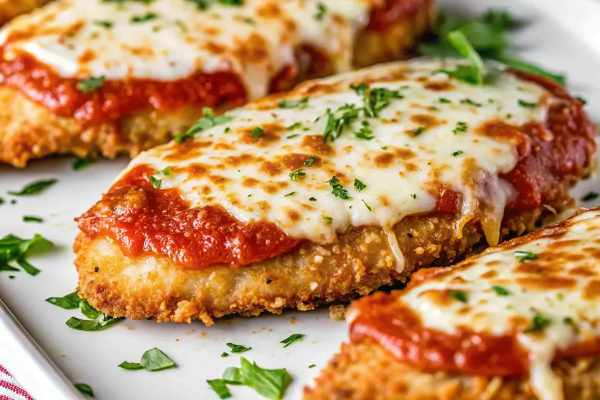 What is on Domino's Chicken Parm Sandwich? Close-up of crispy chicken parmesan topped with marinara sauce, melted mozzarella, and fresh parsley garnish.