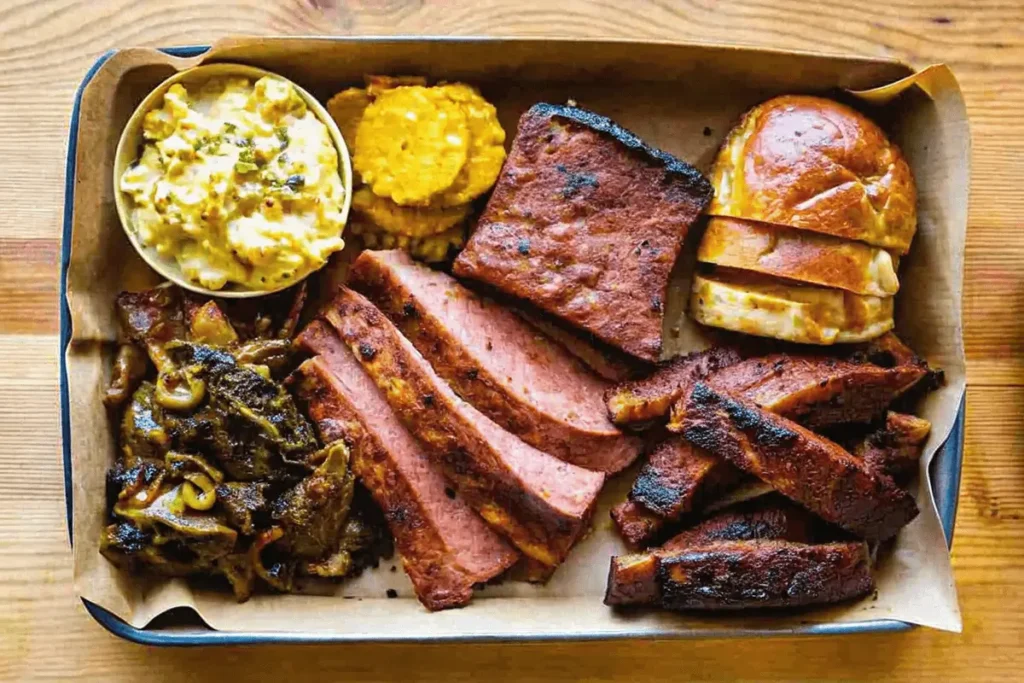 A barbecue platter featuring sliced smoked meat, ribs, cornbread, creamy potato salad, and grilled onions, served on a parchment-lined tray.