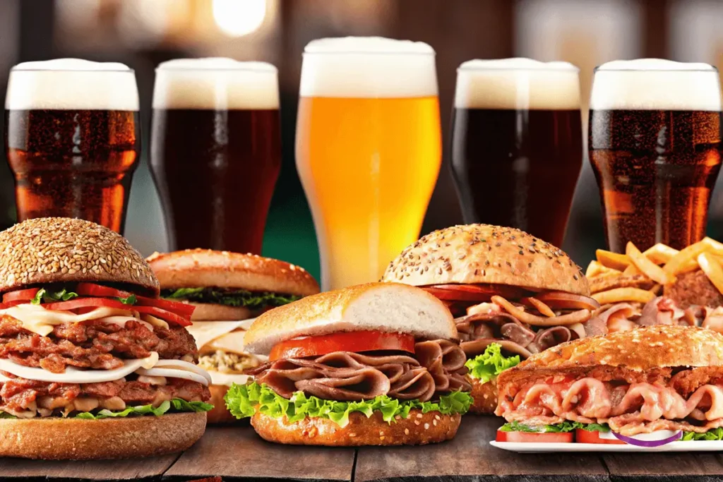 A variety of burgers on seeded buns with fresh toppings, accompanied by glasses of beer, fries, and condiments in a casual dining setting.