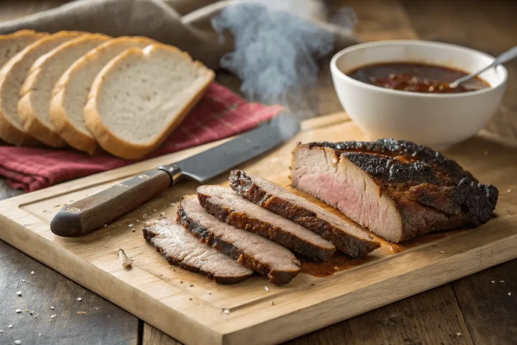 Sliced smoked brisket on a cutting board with a bowl of barbecue sauce, bread slices, and a knife.