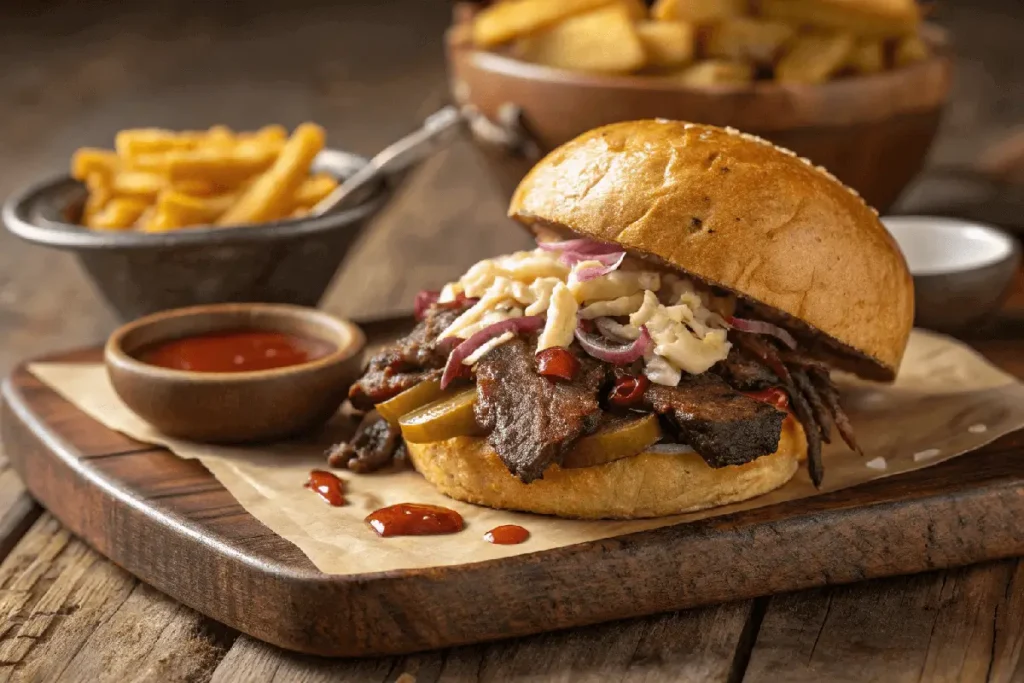Is brisket beef or pork? A barbecue Brisket Beef or Pork sandwich with pickles, coleslaw, and sauce, served on a rustic wooden board with a side of fries and ketchup.