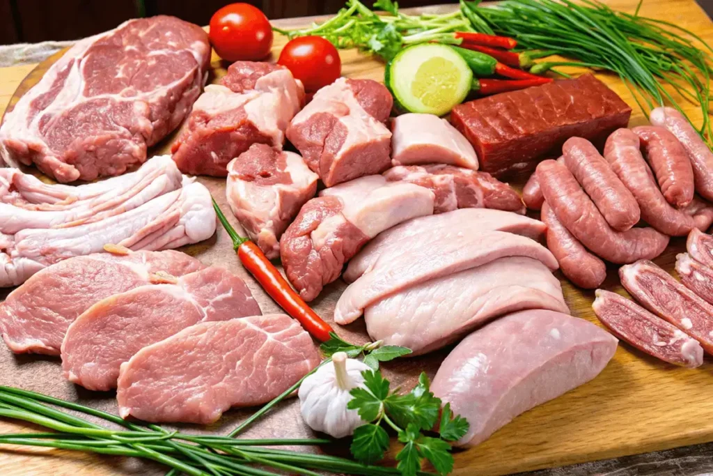 An assortment of raw meats, including beef, pork, and sausages, displayed on a wooden board with fresh vegetables and herbs.