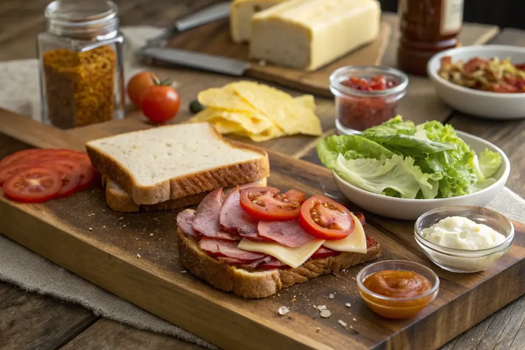 An open-faced Knob Sandwich with sliced deli meat, cheese, and fresh tomatoes on bread, surrounded by lettuce, condiments, and fresh ingredients on a rustic wooden board.