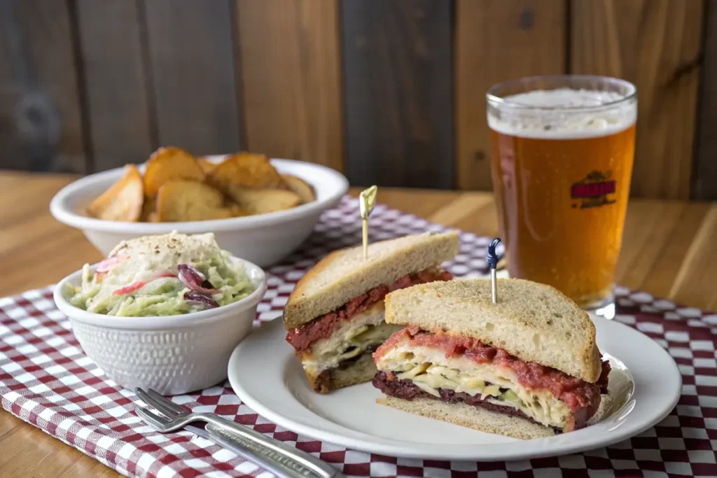 A hearty Knob Sandwich with layers of chicken parmesan, served on whole-grain bread alongside potato salad and crispy potato wedges, paired with a cold glass of beer.