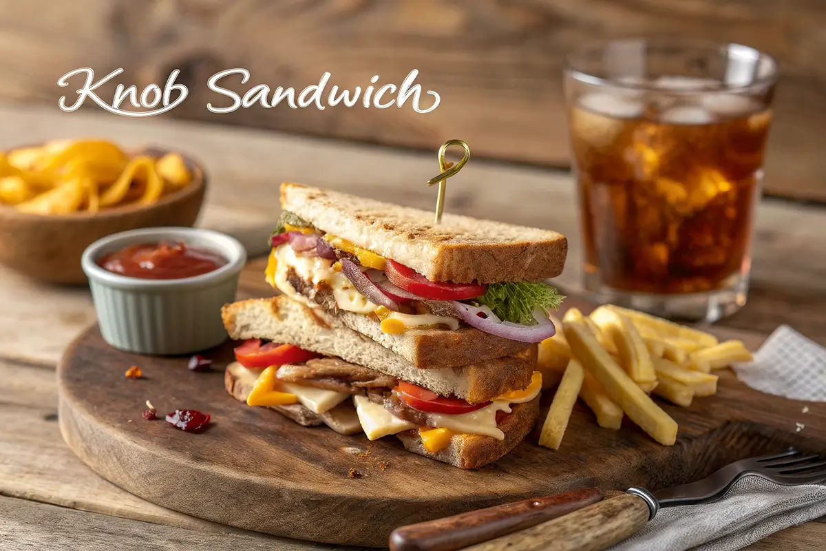 A stacked sandwich with layers of melted cheese, grilled vegetables, and fresh lettuce, served on toasted bread with fries, dipping sauce, and a soda on the side.