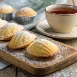 Why are Madeleine cookies so good? Freshly baked Madeleines with a cup of tea on a white plate.