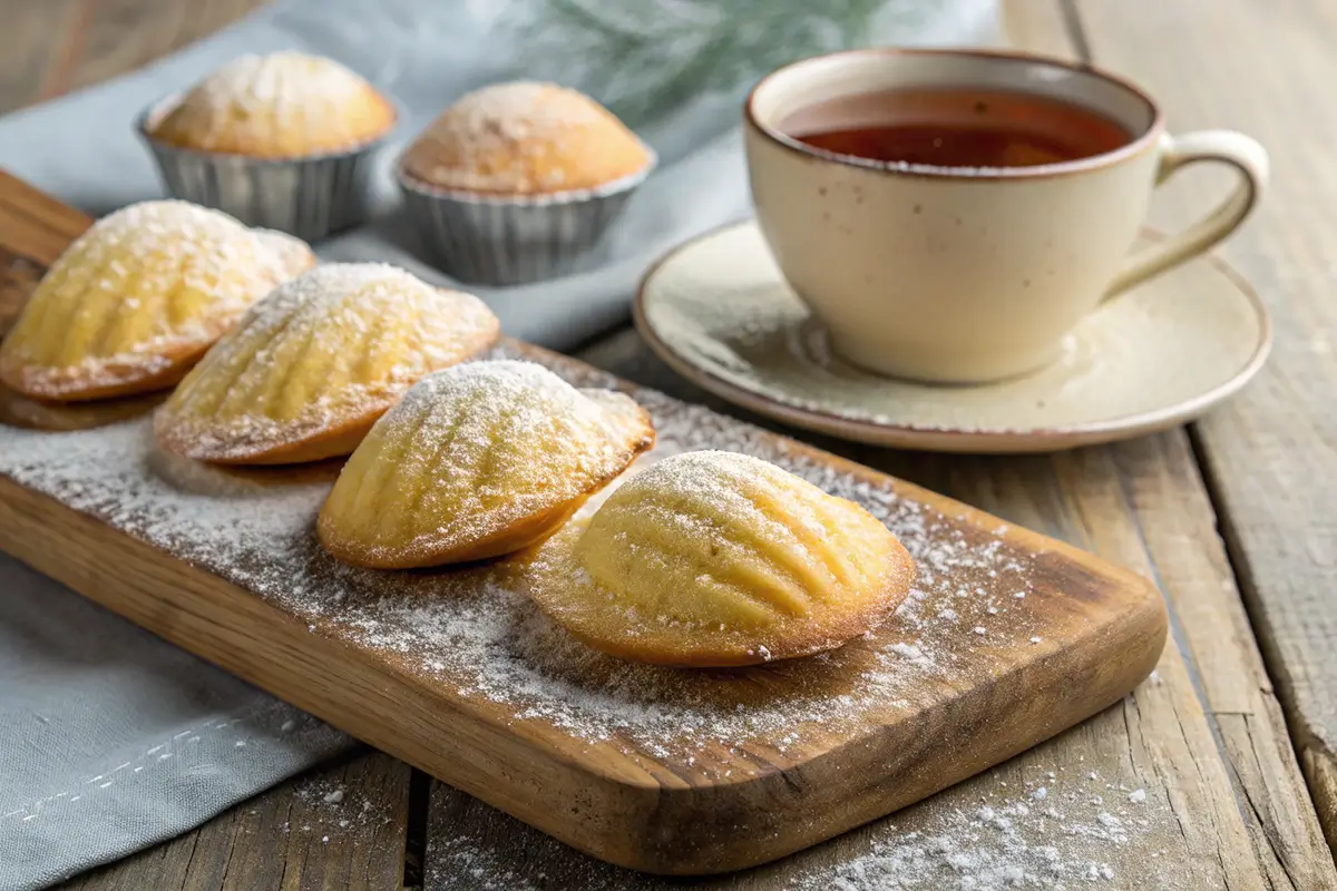 Why are Madeleine cookies so good? Freshly baked Madeleines with a cup of tea on a white plate.