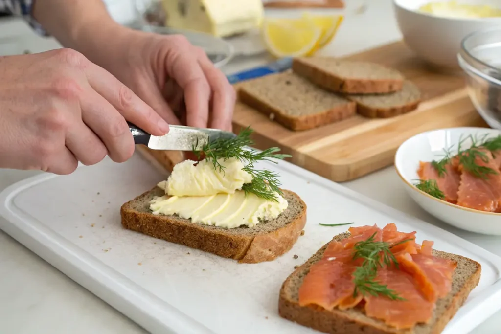 What Is a Swedish Open Sandwich Called? Preparing a Swedish smörgås with rye bread and salmon.