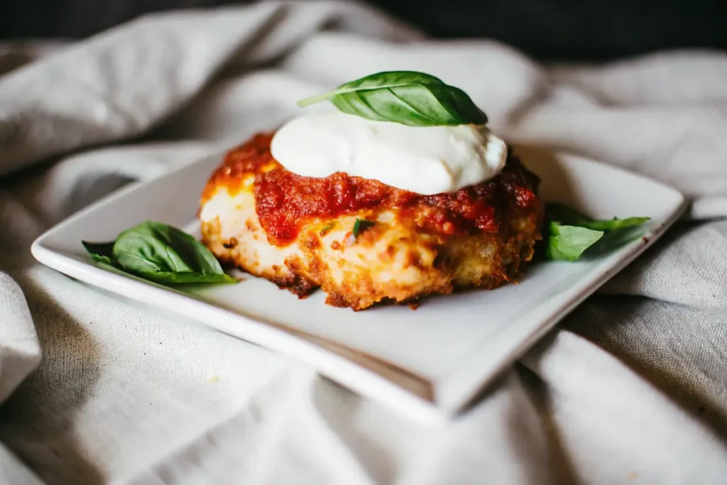 A plate of chicken parm topped with marinara sauce, fresh mozzarella, and a basil leaf, served on a white square plate with soft fabric in the background.