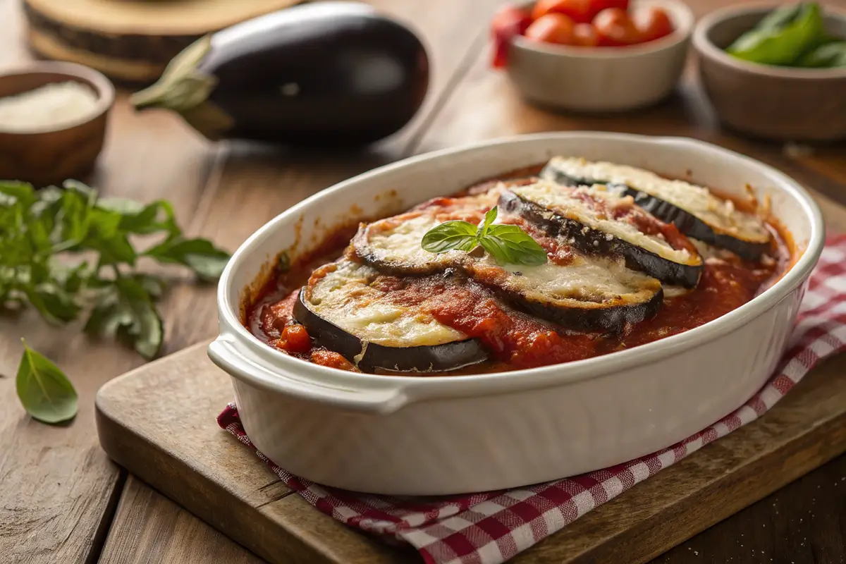 An Italian-style eggplant parmesan dish in a white baking dish, topped with melted cheese, marinara sauce, and fresh basil, set on a rustic wooden table with fresh ingredients in the background.