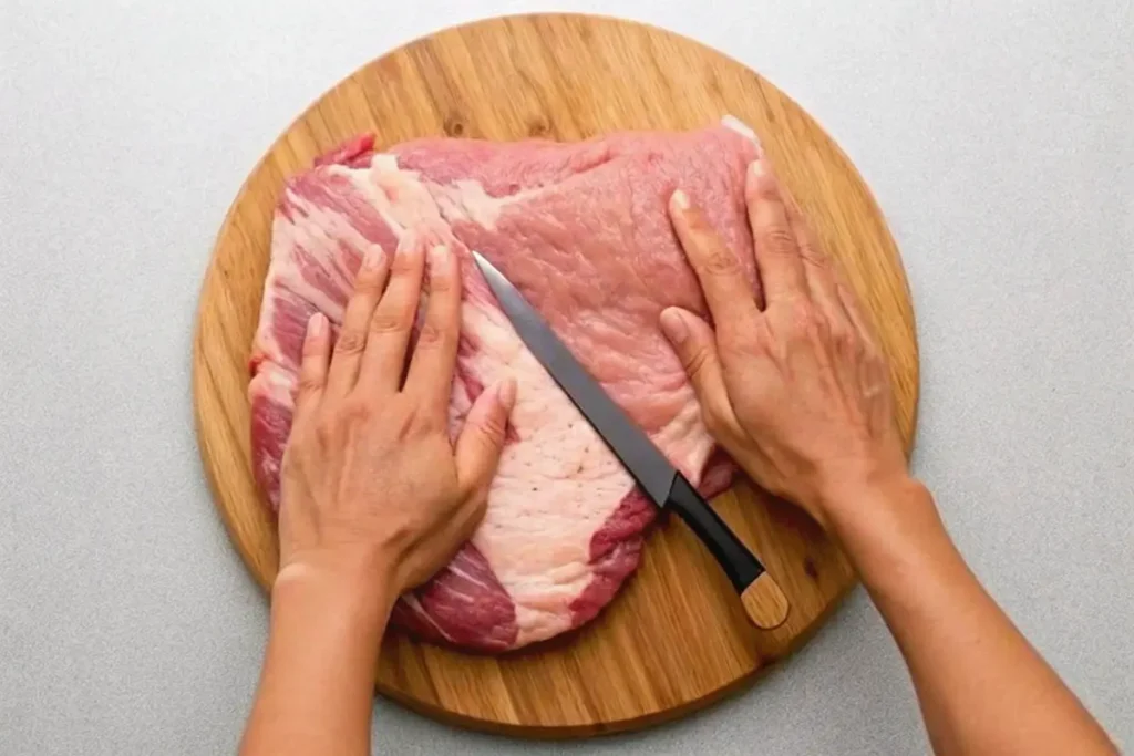 Hands preparing a raw brisket on a wooden board with a knife.