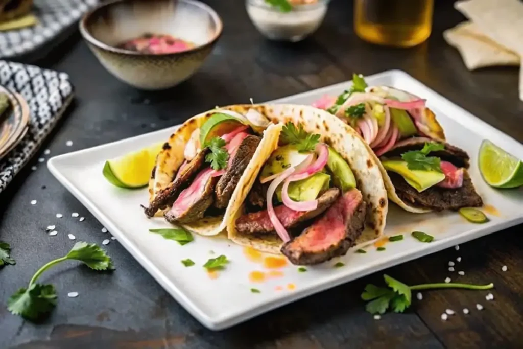 Three tacos filled with sliced steak, avocado, pickled onions, and garnished with cilantro and lime wedges.