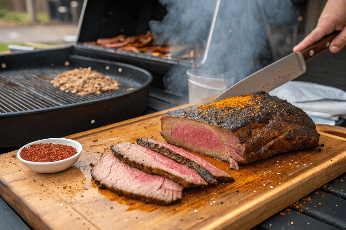 What is brisket made of? Smoked brisket sliced on a wooden cutting board near a barbecue grill, with a bowl of seasoning.