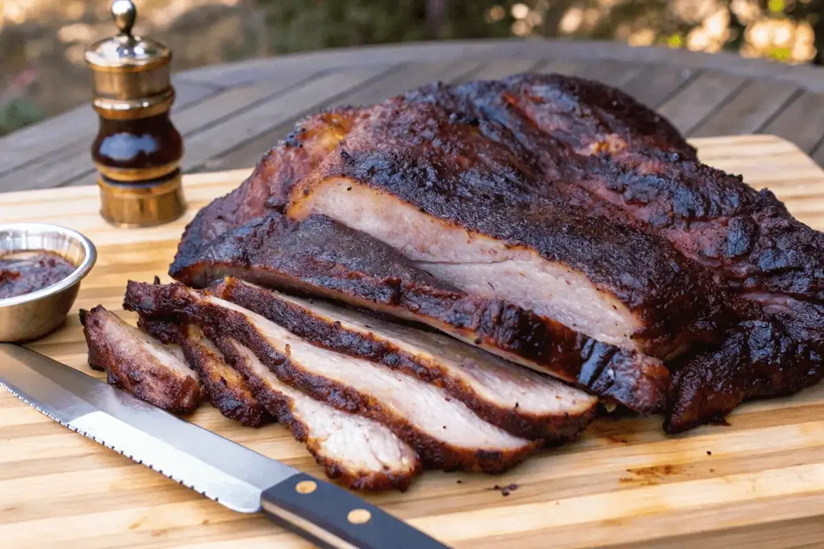 What the Heck is a Brisket? 5 Powerful Tips for Beginners A large smoked brisket sliced thick on a wooden board with a knife, served with barbecue sauce and a pepper grinder in the background.