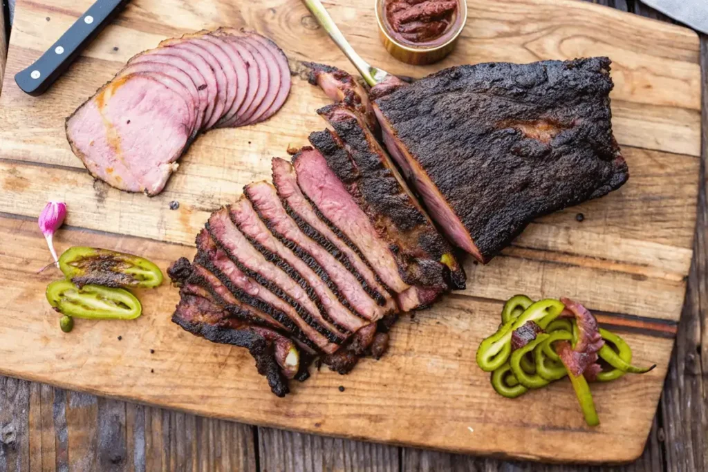 What the Heck is a Brisket? A smoked brisket sliced on a wooden cutting board with pickled vegetables and a bowl of barbecue sauce.