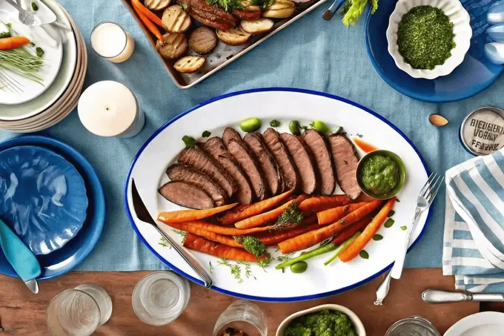 A beautifully arranged platter of sliced beef with roasted carrots and vibrant green pesto, surrounded by side dishes and elegant table settings.