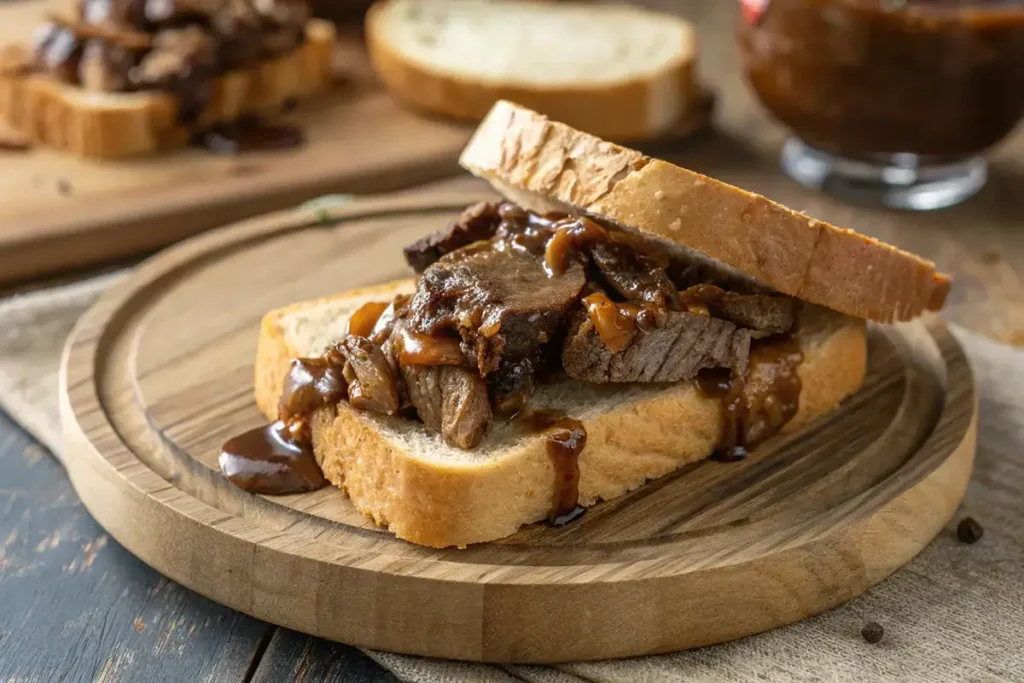 A close-up of a medieval trencher sandwich with meat and gravy on a wooden plate.