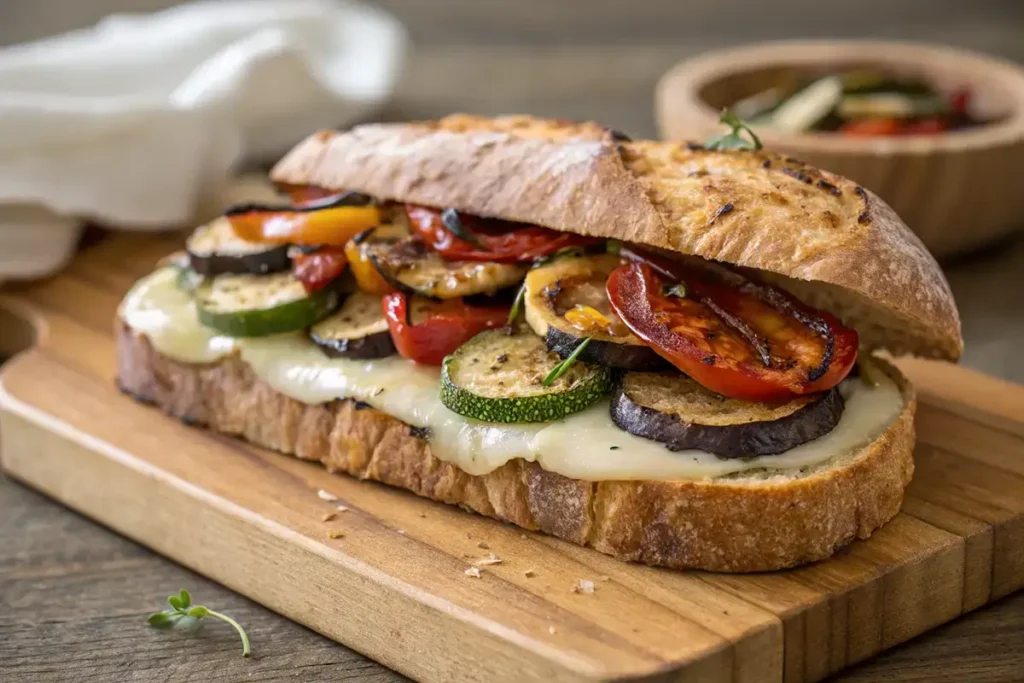 A modern artisanal sandwich with rustic bread, roasted vegetables, and cheese.