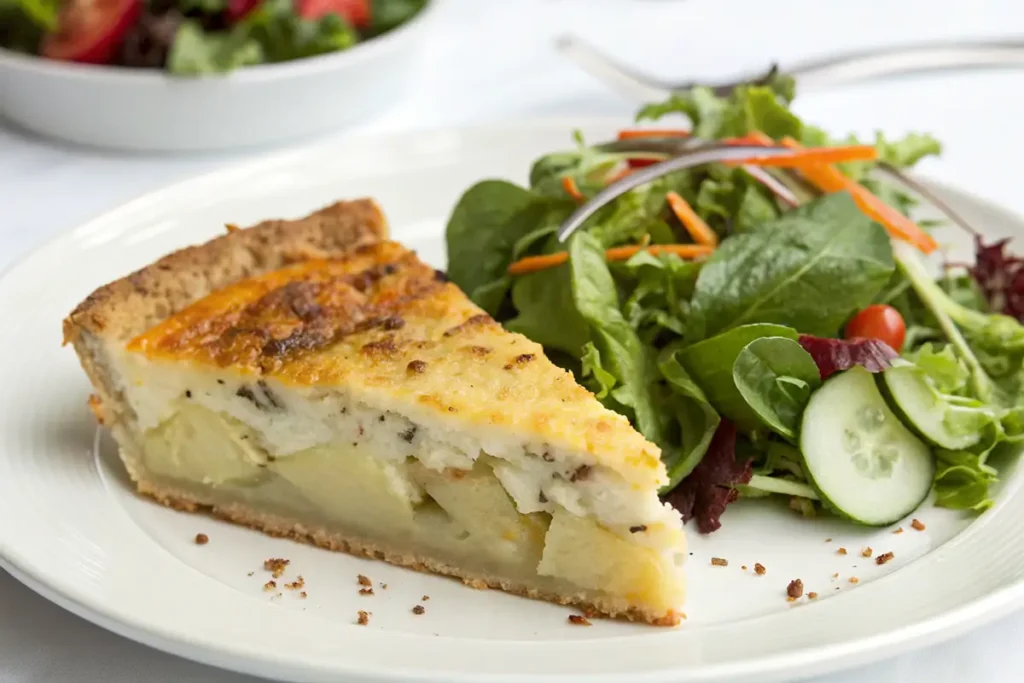 A slice of Passover potato pie served on a plate with a fresh green salad
