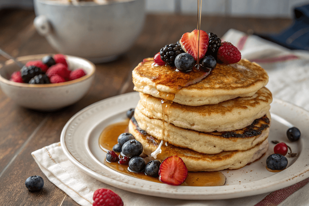 Sourdough discard pancakes topped with fresh berries and syrup.