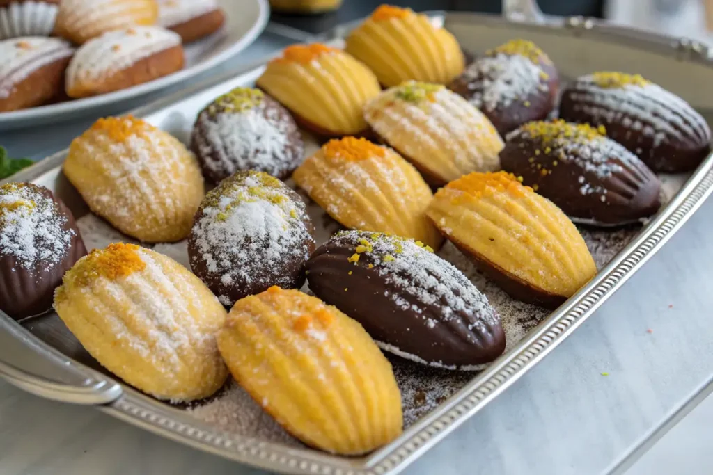 Chocolate-dipped Madeleines with a sprinkle of crushed almonds.