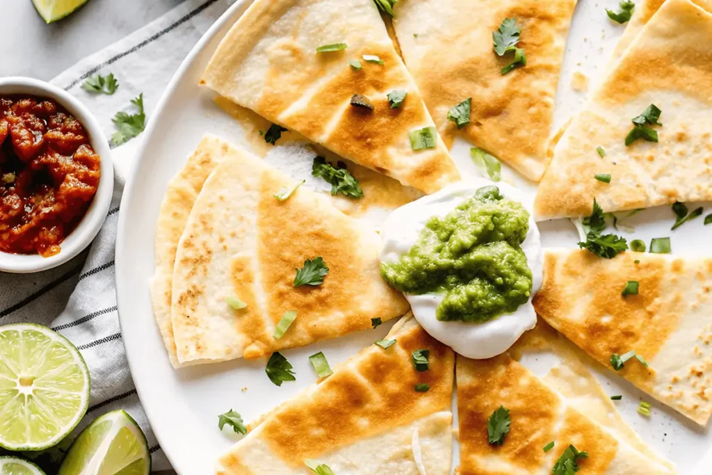 Golden-brown quesadilla slices arranged in a circular pattern on a white plate, garnished with sour cream, guacamole, and fresh cilantro.