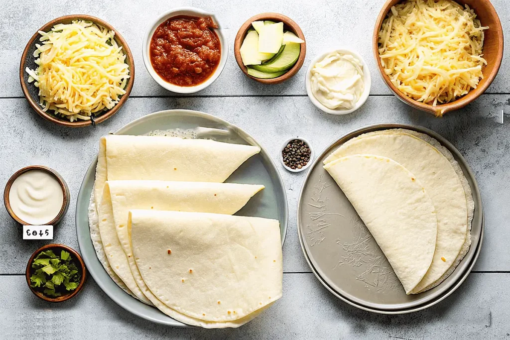 Ingredients for making quesadillas, including shredded cheese, tortillas, sour cream, salsa, cilantro, and sliced zucchini, neatly arranged on a countertop.