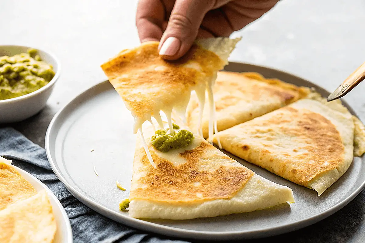 Close-up of a hand lifting a slice of cheesy quesadilla with melted cheese stretching, served with a dollop of guacamole on a plate