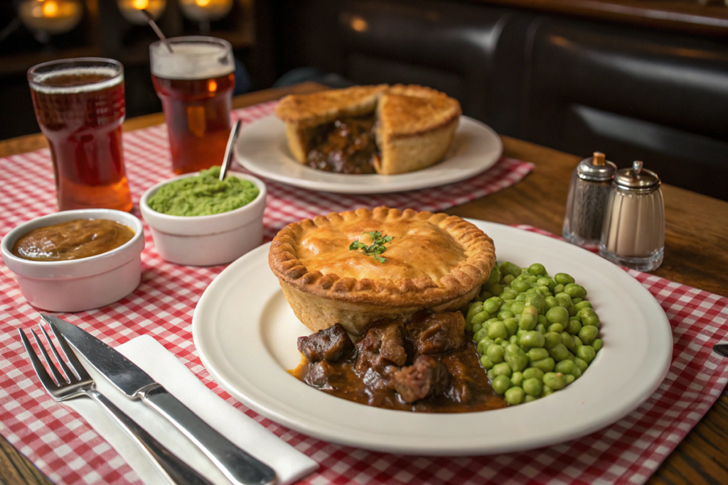 A British steak and kidney pie with classic sides.