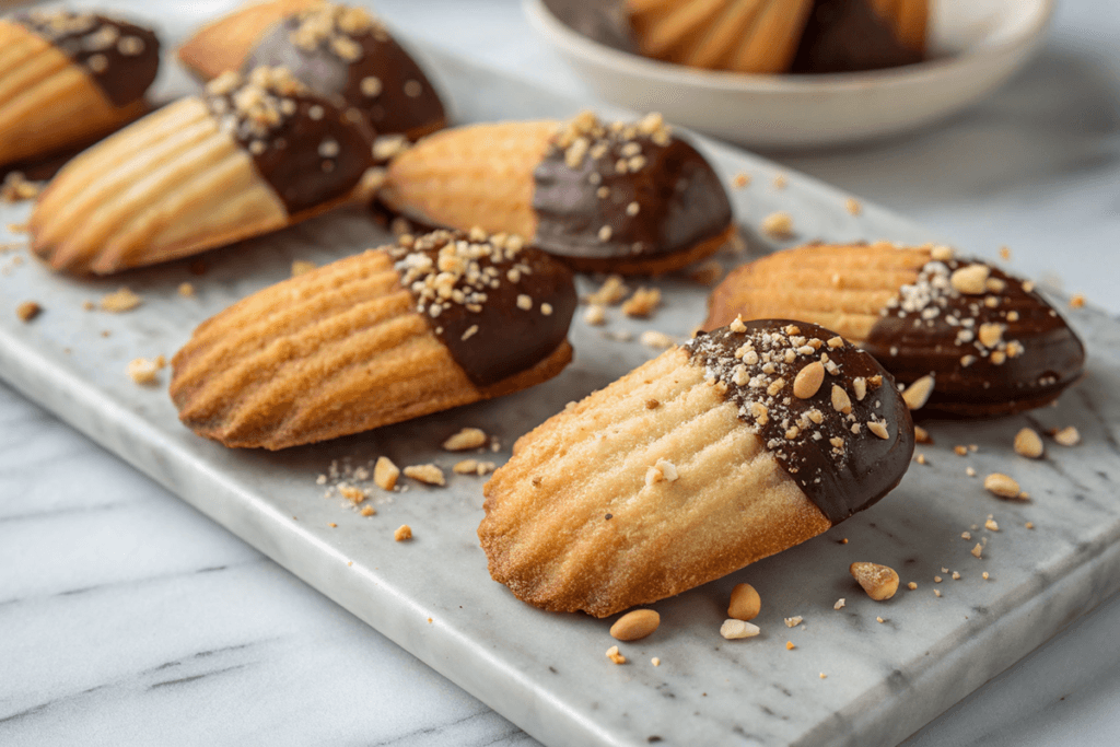 Chocolate-dipped madeleines from the madeleine cookies recipe using cream.