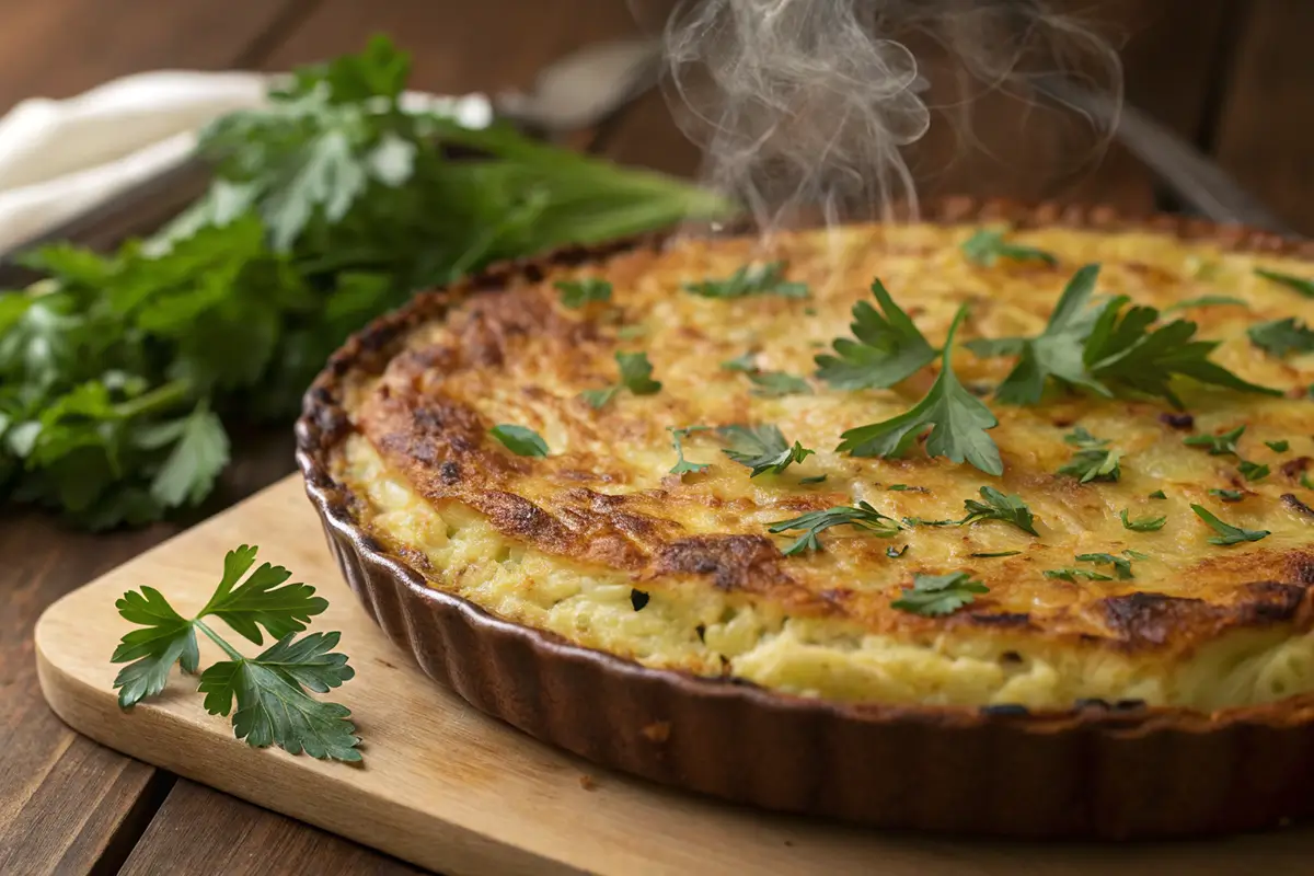 Close-up of a golden, crispy Passover potato pie garnished with parsley, freshly baked for Passover.