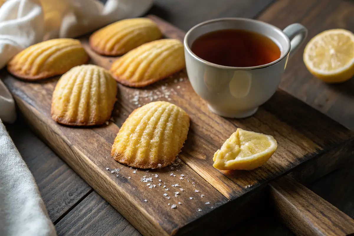 How to keep madeleines moist? Freshly baked golden madeleines served with a cup of tea and a lemon slice.