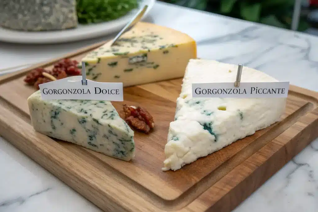 Gorgonzola Dolce vs. Gorgonzola Piccante on a cheese board.